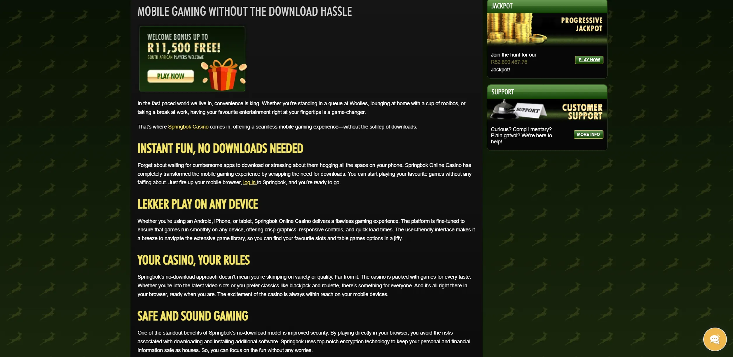Screenshot of Springbokcasino.co.za - No Deposit Casino - R250 for free to test Springbok Casino